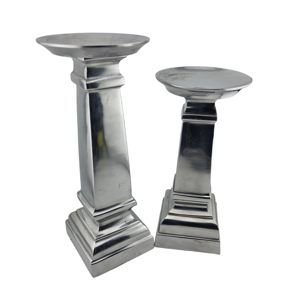 Mervyns Aluminium Pillar Candle‎ Holder Set of 2 Pedestal Silver GOOD Minimalist